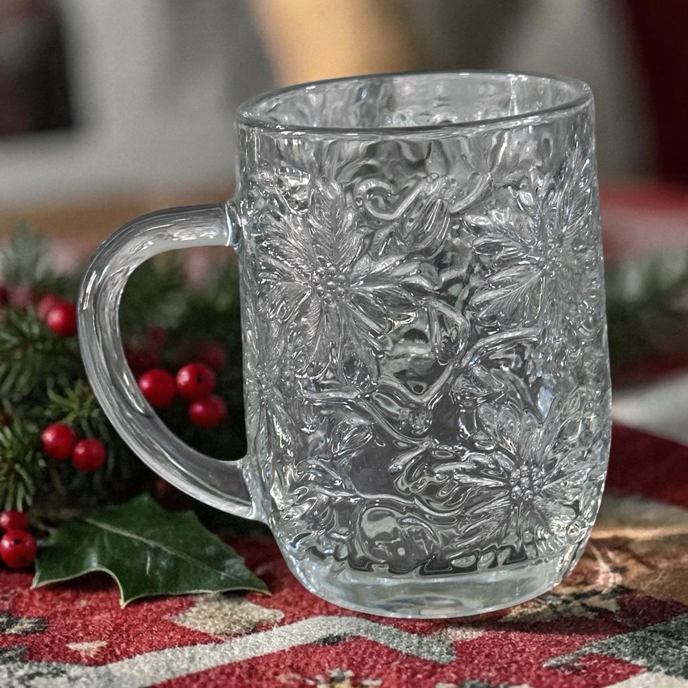 8 Princess House Fantasia Clear Mugs Set Poinsettia Emboss Etch Coffee Cups Lot